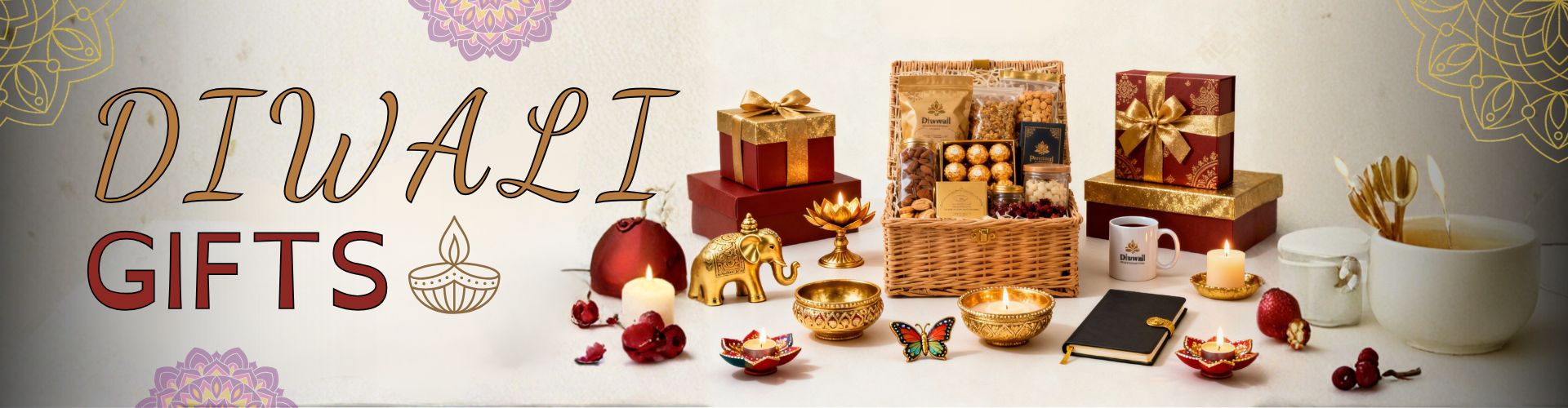 Corporate Diwali gifting banner featuring premium festive hampers, golden elephant tealight holders, diyas, lotus candle stands, and decorative candles on a light elegant background with a visible website URL.