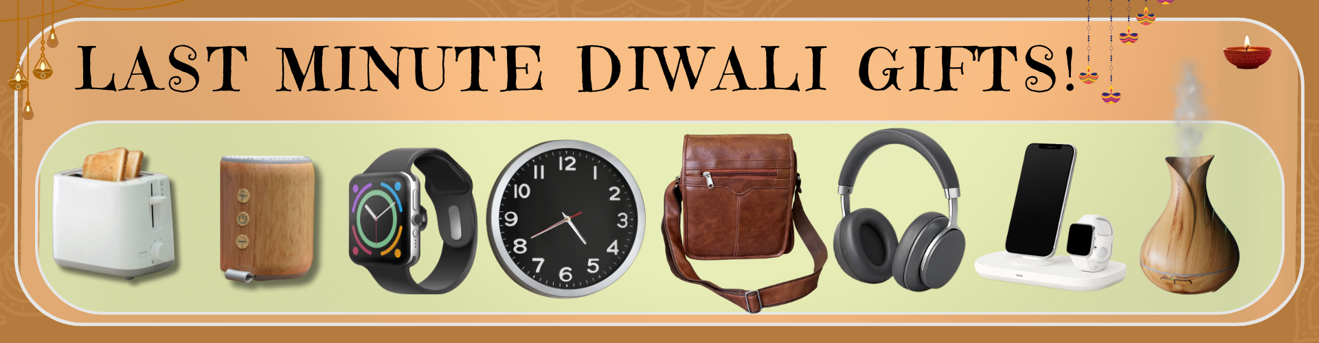 Last minute Diwali corporate gifts banner featuring tech gadgets, premium office accessories, quick delivery hampers, and festive decorations