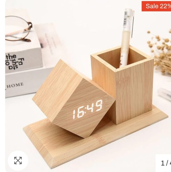 Wooden Desk Clock Organizer