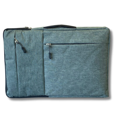 Grey fabric laptop bag featuring two front zippered compartments and a top handle, designed for secure and stylish transport of laptops and accessories.