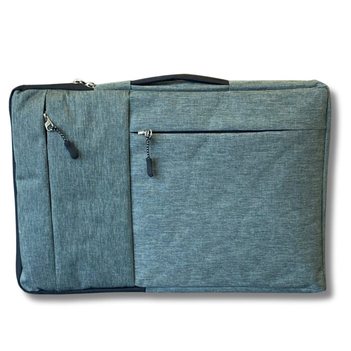 Grey fabric laptop bag featuring two front zippered compartments and a top handle, designed for secure and stylish transport of laptops and accessories.