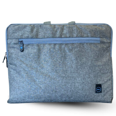 Grey fabric laptop sleeve with a horizontal zipper pocket and a Dell logo patch in the corner, designed for lightweight laptop protection and easy portability.