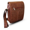 Brown faux leather vertical sling bag with a front zippered pocket and adjustable shoulder strap, featuring detailed stitching and a smooth texture.