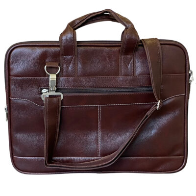 Brown leather laptop bag featuring dual top handles and a large front zippered pocket, ideal for carrying office essentials in style.