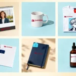 Personalized calendars, mugs, t-shirts, employee kits, diaries, and bottles displayed as examples of customized corporate gifts by OL Corporate Gifting