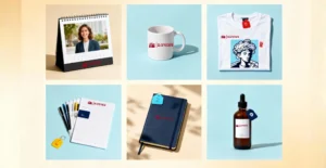 Personalized calendars, mugs, t-shirts, employee kits, diaries, and bottles displayed as examples of customized corporate gifts by OL Corporate Gifting