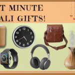 A variety of last minute Diwali gift options including tech gadgets, home appliances, and accessories, displayed on a festive banner.