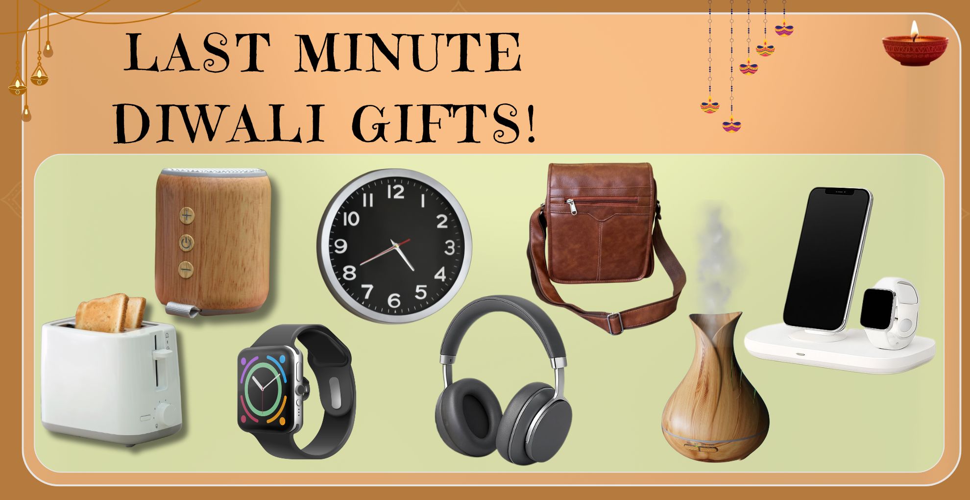 A variety of last minute Diwali gift options including tech gadgets, home appliances, and accessories, displayed on a festive banner.